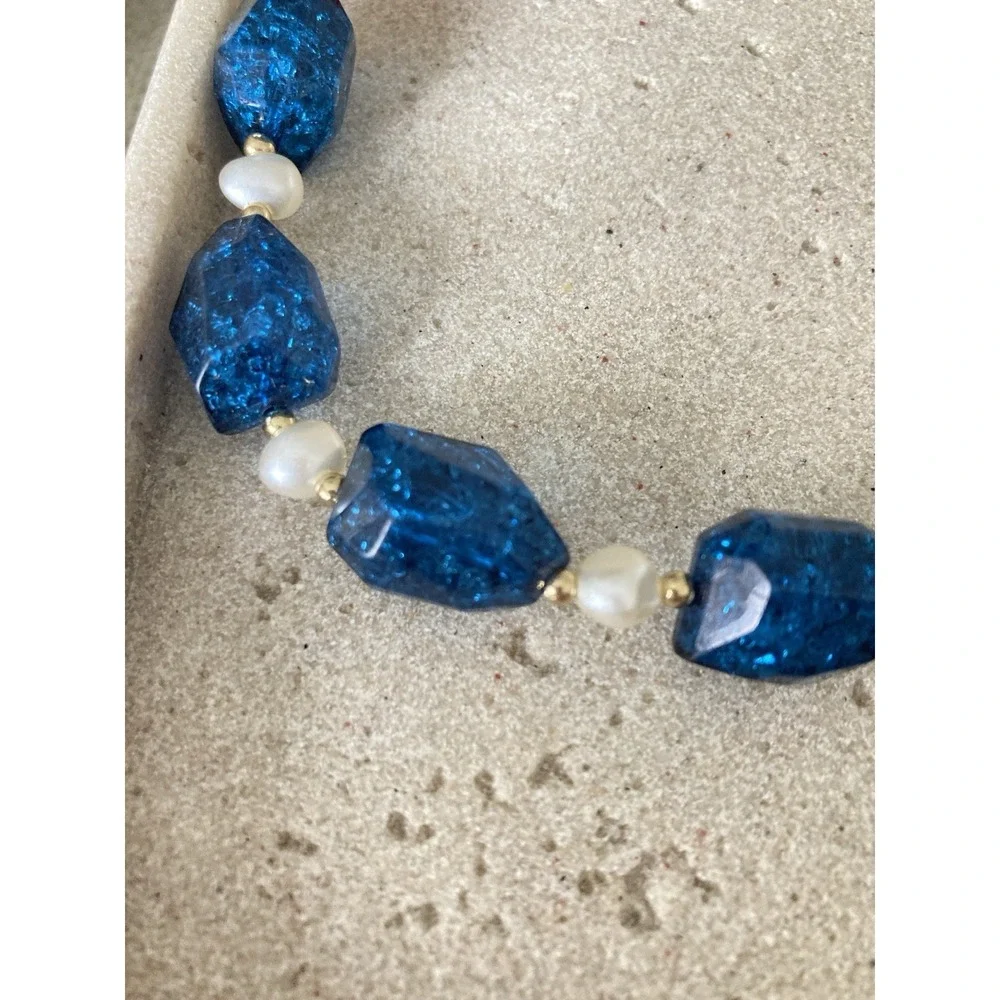 Beggars Beads Collar Necklace Blue Crackle Beads Faux Pearl Beaded Romantic Glam